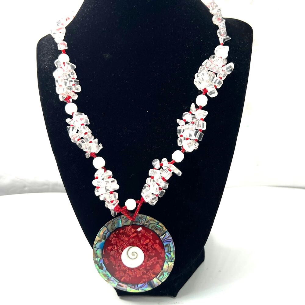 Artisan Alpaca Silver Necklace Shells Red Medallion Pendant 10" abalone shell